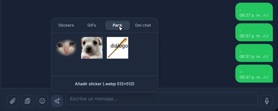 El selector de stickers abierto en la pestaña Pack, con sus cuatro pestañas: Stickers, GIFs, Pack y Del chat.